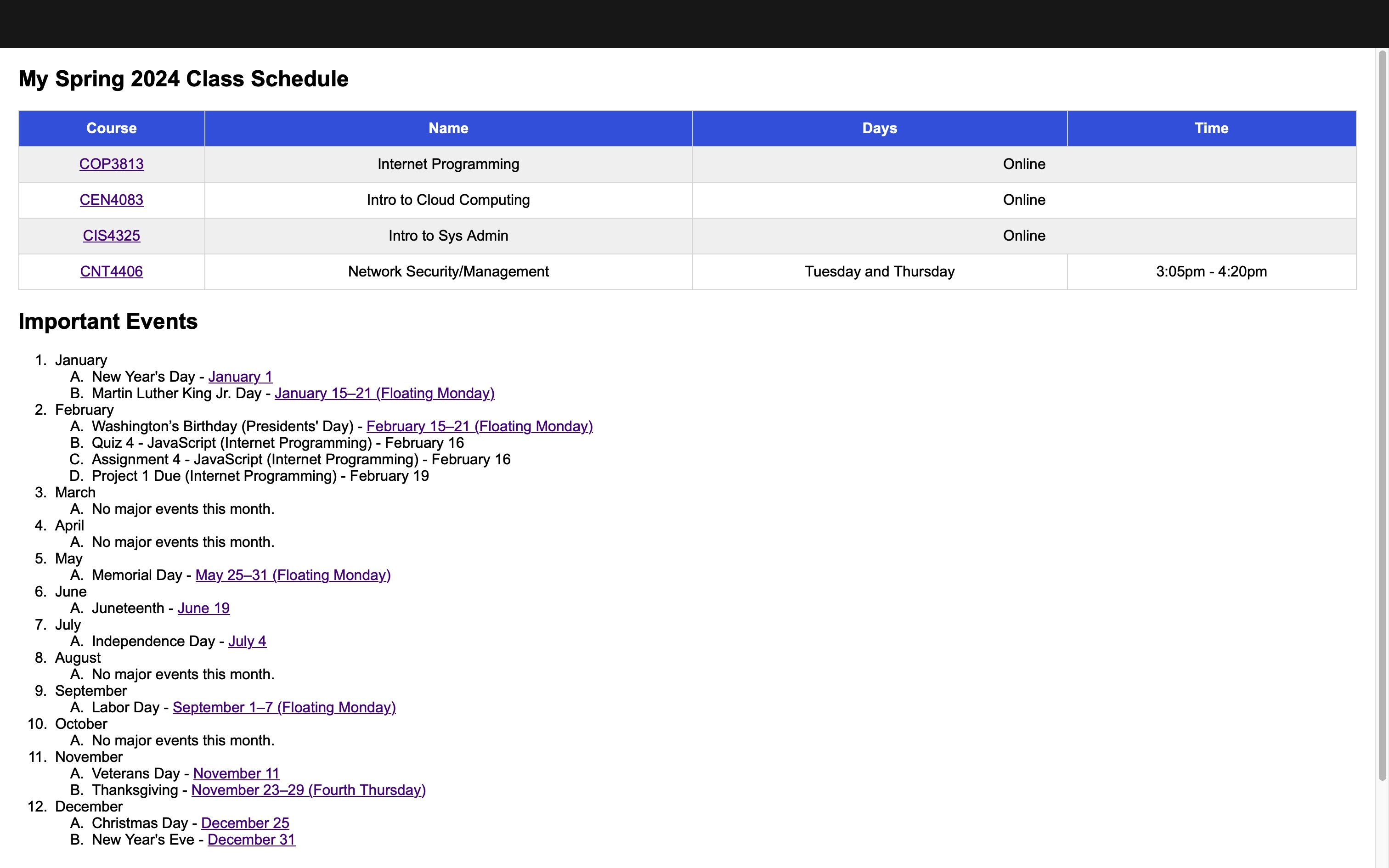 Schedule Page
